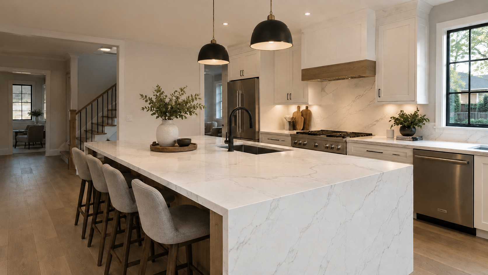 High-end modern kitchen with a waterfall-edge quartz island countertop
